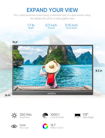 ARZOPA Portable Monitor, 15.6'' 1080P FHD Laptop Monitor