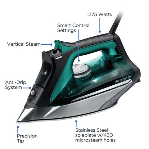 Rowenta, Iron, Pro Master Stainless Steel Soleplate Steam Iron for Clothes, 210 g/min, 400 Microsteam Holes, 1775 Watts, Auto-Off, Ironing, Green Clothes Iron, DW8360