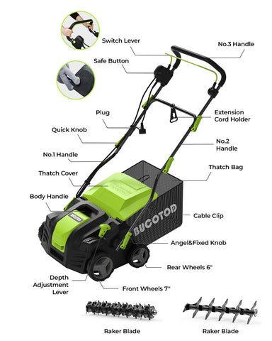 BUCOTOD 2-IN-1 16-Inch Electric Dethatcher & Scarifier