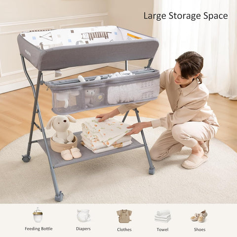 MAYDOLLY Baby Changing Table with Wheels - Portable Adjustable Diaper Station