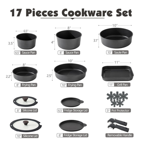 SENSARTE 17 Piece Pots and Pans Set, Detachable Handle Cookware