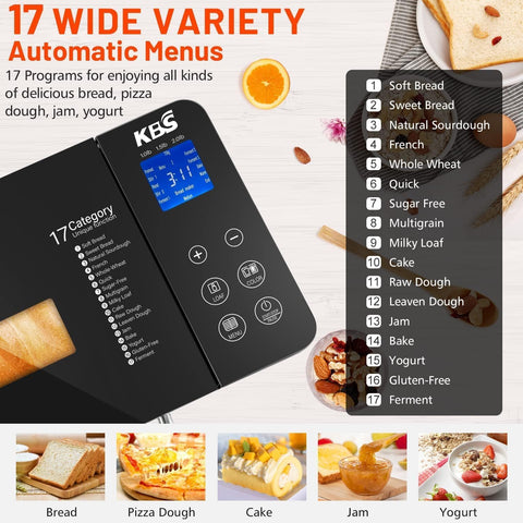 KBS 17-in-1 Stainless Steel Bread Machine with Dual Heaters