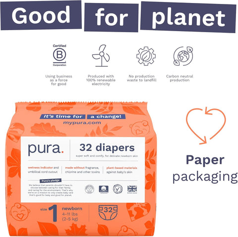 PURA Size 1 Eco-Friendly Hypoallergenic Diapers - 32 Pack