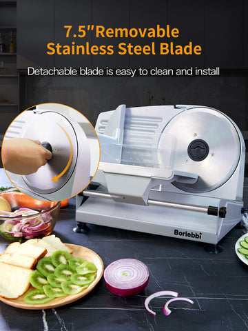 Meat Slicer, 200W Electric Food Slicer with 2 Removable 7.5" Stainless Steel Blades
