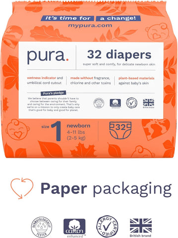 PURA Size 1 Eco-Friendly Hypoallergenic Diapers - 32 Pack