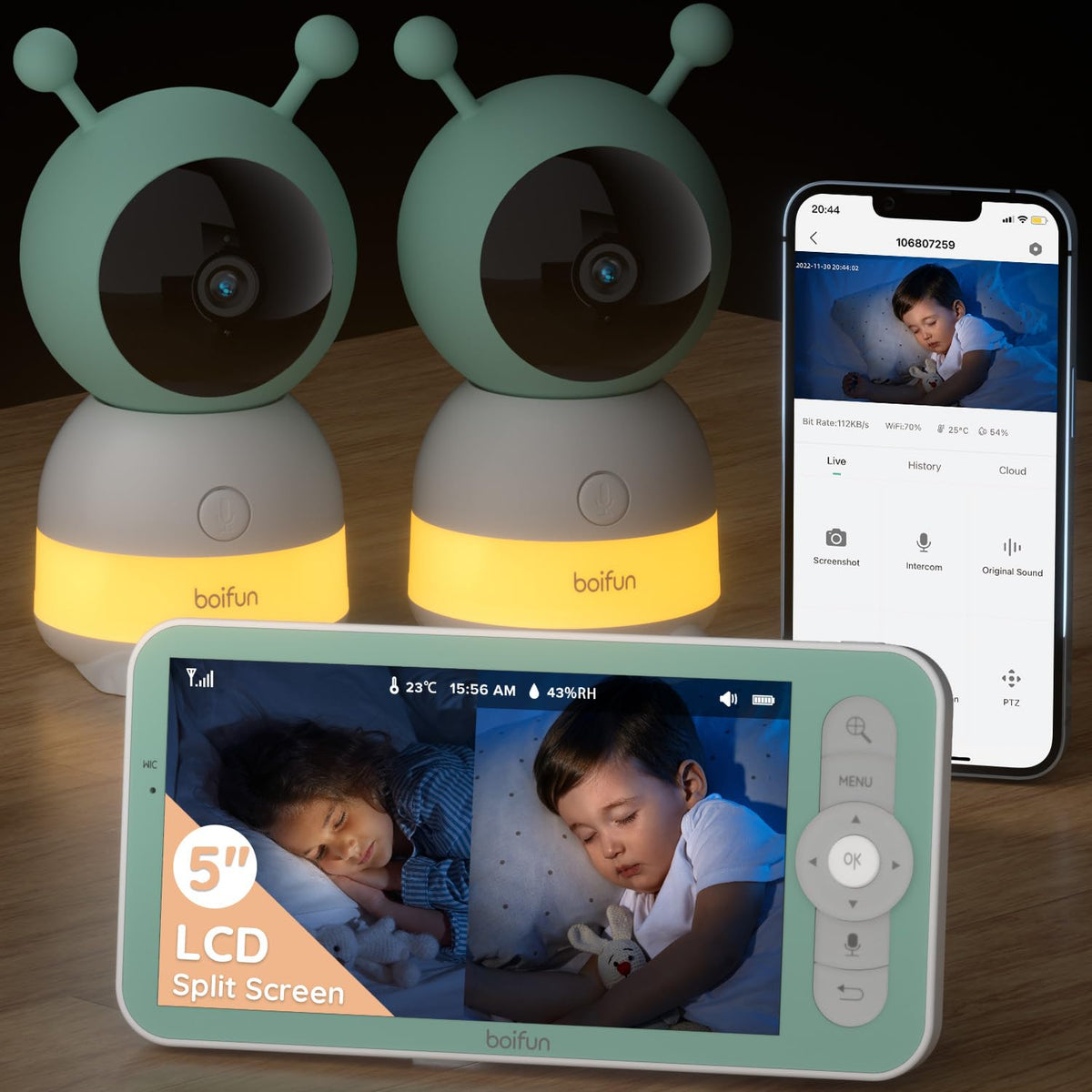 BOIFUN 2024 5" Split-Screen Baby Monitor with 2 Cameras