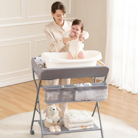 MAYDOLLY Baby Changing Table with Wheels - Portable Adjustable Diaper Station