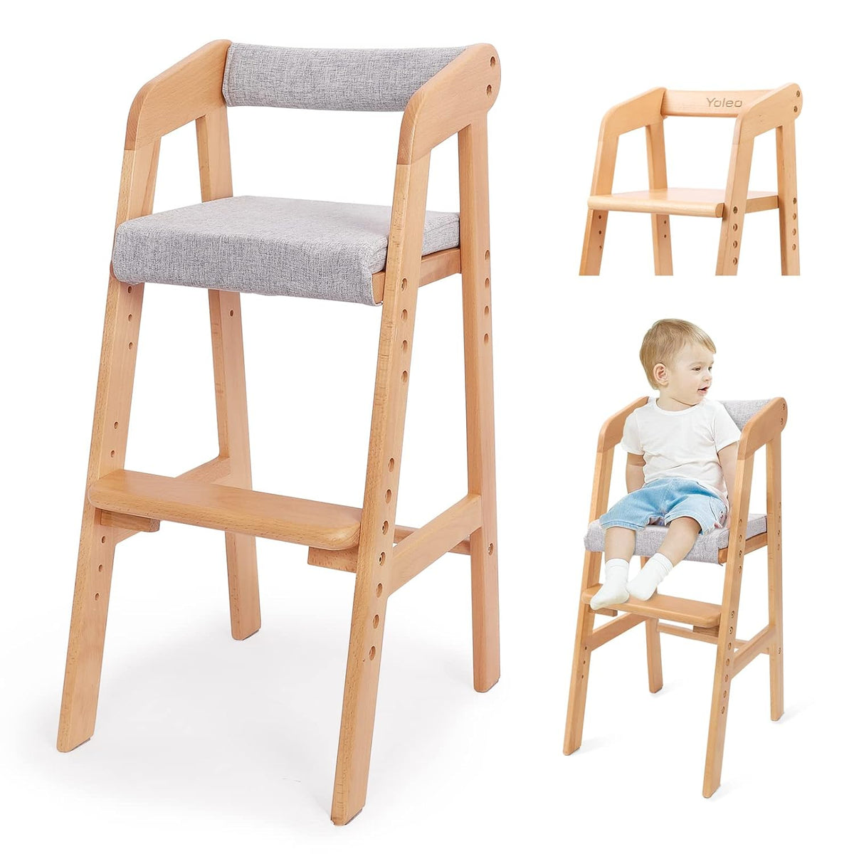 YOLEO Wooden High Chair for Toddlers - Adjustable & Removable Cushion