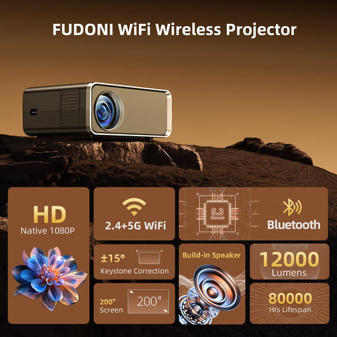 FUDONI Projector with WiFi and Bluetooth, Upgraded 5G Portable Projectors 4K Supported Native 1080P 12000L, Outdoor LED Movie Projector for Home Theater, Compatible w/iOS Android Phone/TV Stick/Laptop