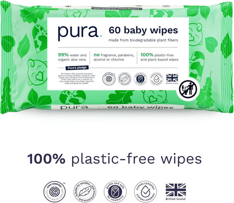 PURA Natural Sensitive Baby Wipes - 99% Water, Unscented