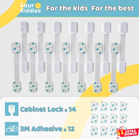 4OUR KIDDIES 14 Pack Baby Proof Cabinet Latches - Child Safety Locks