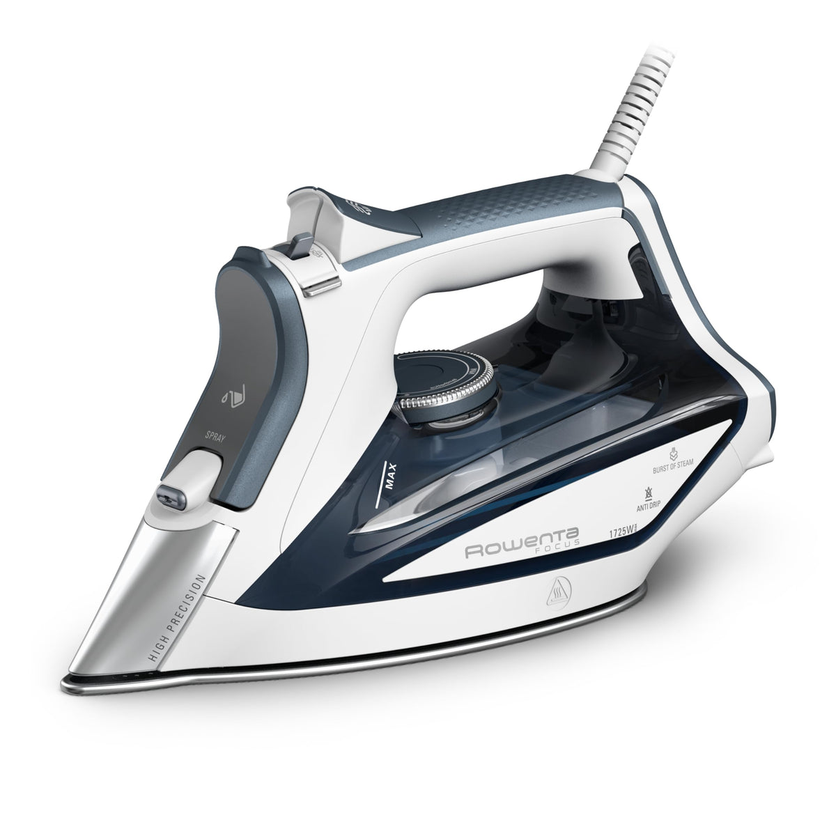 Rowenta, Iron, Focus Stainless Steel Soleplate Steam Iron for Clothes, 400 Microsteam Holes, Powerful steam blast, Leakproof, Lightweight, 1725 Watts, Ironing, Blue Clothes Iron, DW5280