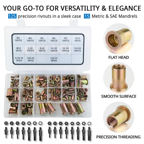 AKKTOL 16" Rivnut Tool Kit with 15 Metric and SAE Mandrels
