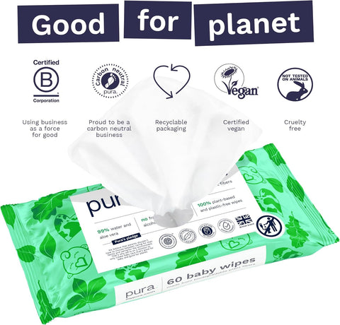 PURA Natural Sensitive Baby Wipes - 99% Water, Unscented