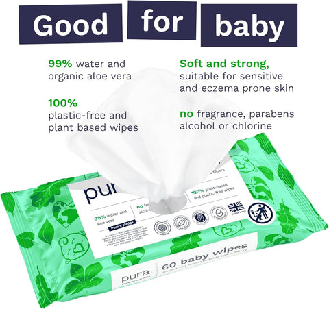 PURA Natural Sensitive Baby Wipes - 99% Water, Unscented