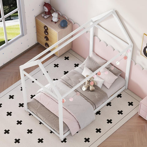 Twin House Floor Bed for Kids, Wooden Twin Montessori Bed Frame