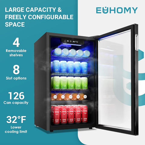 EUHOMY Sleek Stylish Beverage Refrigerator Glass Door 125 Can