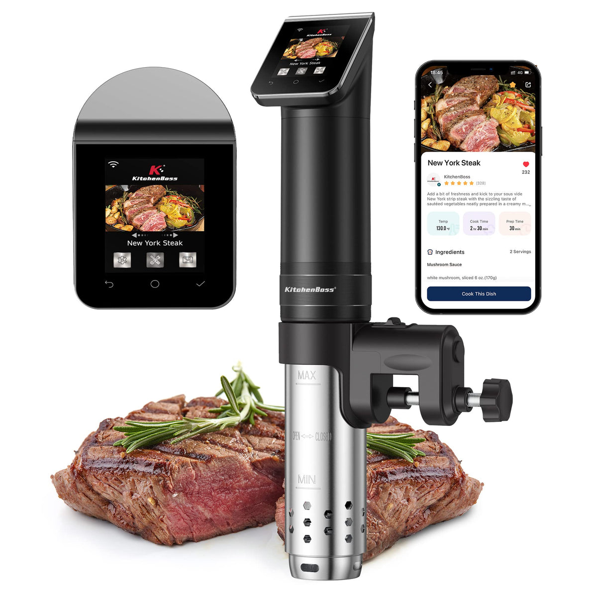 KitchenBoss WIFI Sous Vide Cooker with TFT Preset Recipes