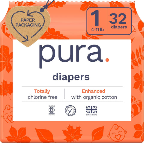 PURA Size 1 Eco-Friendly Hypoallergenic Diapers - 32 Pack