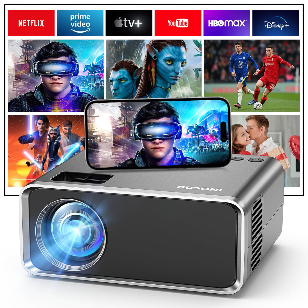 FUDONI Projector with WiFi and Bluetooth, Upgraded 5G Portable Projectors 4K Supported Native 1080P 12000L, Outdoor LED Movie Projector for Home Theater, Compatible w/iOS Android Phone/TV Stick/Laptop