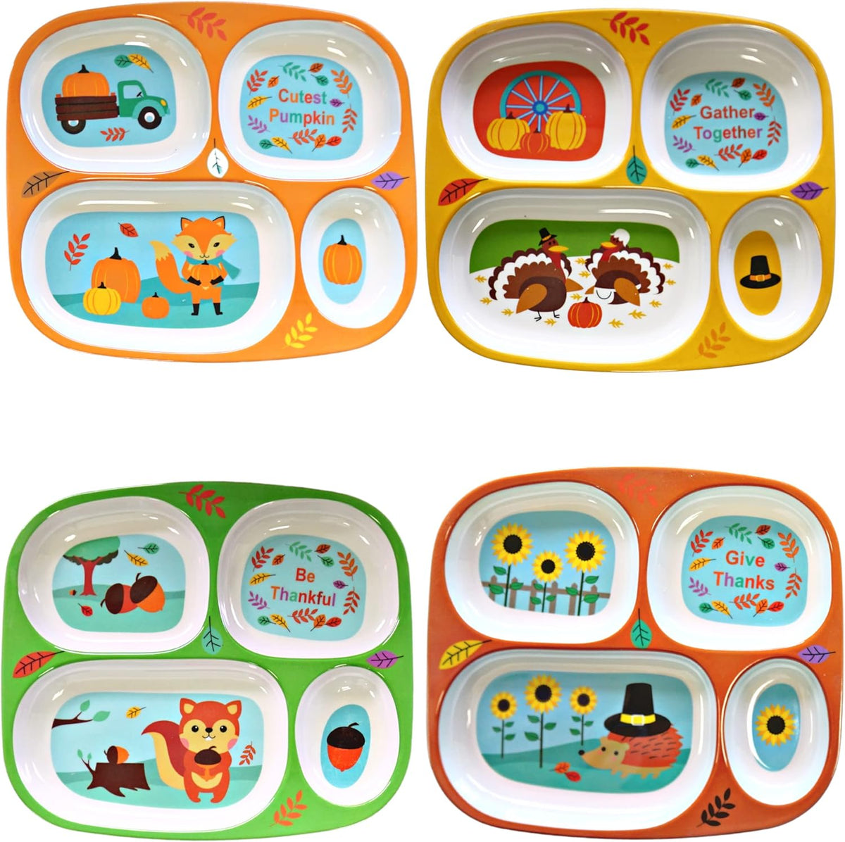 4E'S NOVELTY Thanksgiving Kids Melamine Divided Plates Set of 4