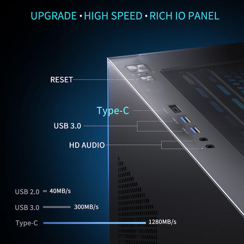 MUSETEX PC CASE ATX 6 PWM ARGB, Type-C Mid Tower Computer Case