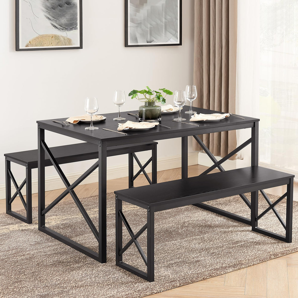 VECELO Kitchen Table with 2 Benches for 4