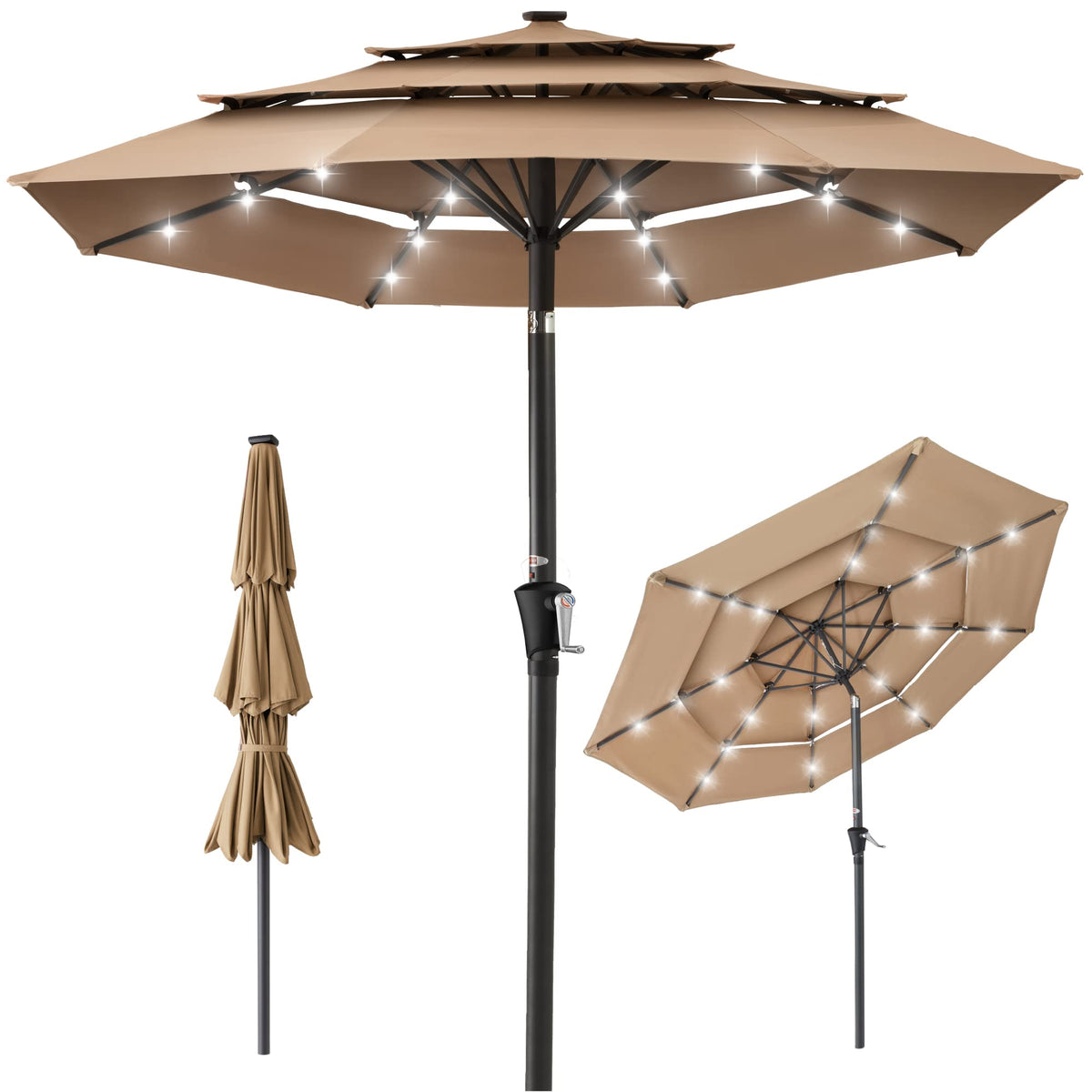 10ft 3-Tier Solar Patio Umbrella, Outdoor Market Sun Shade for Backyard