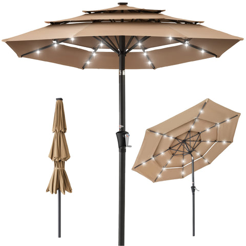 10ft 3-Tier Solar Patio Umbrella, Outdoor Market Sun Shade for Backyard