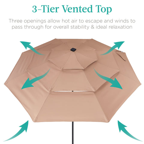 10ft 3-Tier Solar Patio Umbrella, Outdoor Market Sun Shade for Backyard