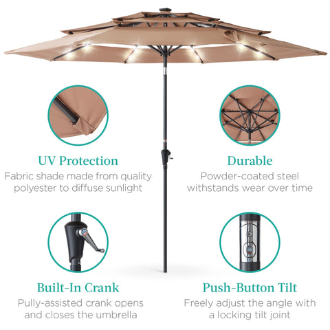 10ft 3-Tier Solar Patio Umbrella, Outdoor Market Sun Shade for Backyard