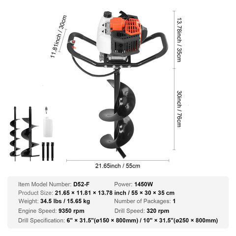 VEVOR 52cc 1450W Auger Post Hole Digger